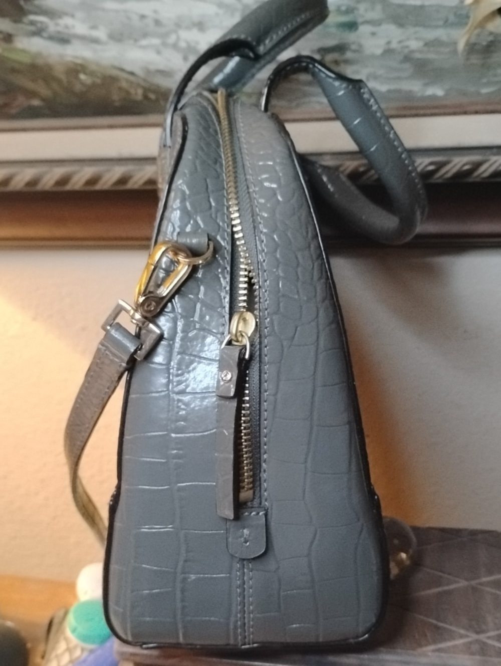kate spade Croc-Embossed Satchel in Dark Brown with Gold Hardware - Picture 8 of 11